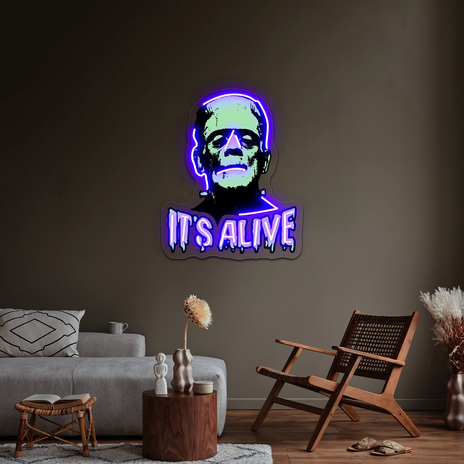 Frankenstein Artwork Personalized Light Up Sign - Neon sign mounted on wall in room