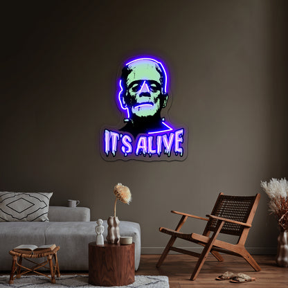 Frankenstein Artwork Personalized Light Up Sign - Neon sign mounted on wall in room