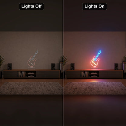 Freestanding Electric Guitar LED Neon Sign Home Bar Wall Decoration day and night comparison