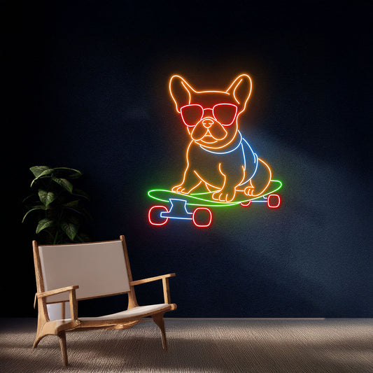 French Bulldog Skateboarding Neon Sign Skateboard Player Neon Light