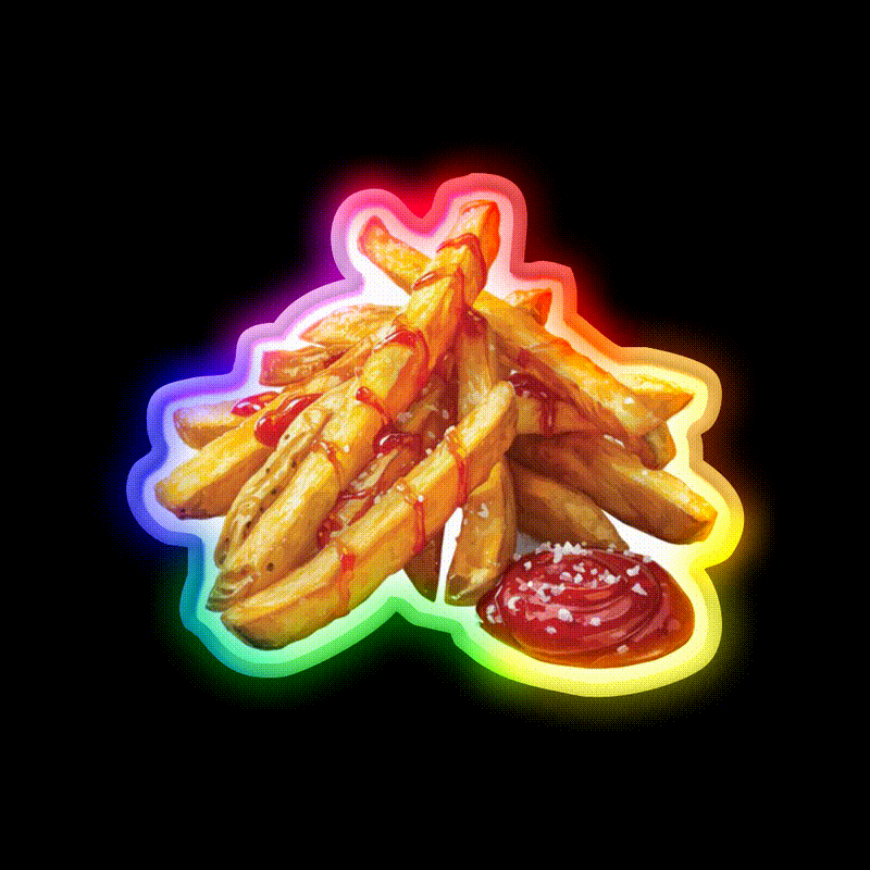 French Fries With Ketchup And Sea Salt Snack Food Led Neon Sign Rgb Color - LED neon sign close-up detail
