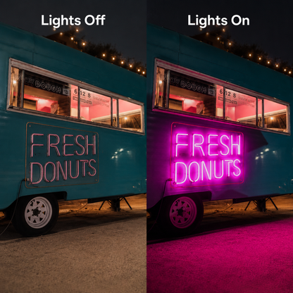 Fresh Donuts LED Neon Sign - 06 Day Night Comparison