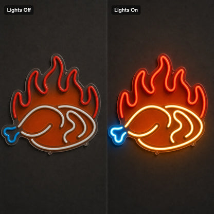 Fried Chicken Leg With Flames LED Neon Sign day and night comparison