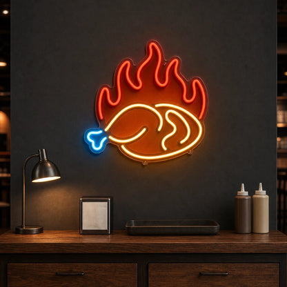 Fried Chicken Leg With Flames LED Neon Sign - Shineneon