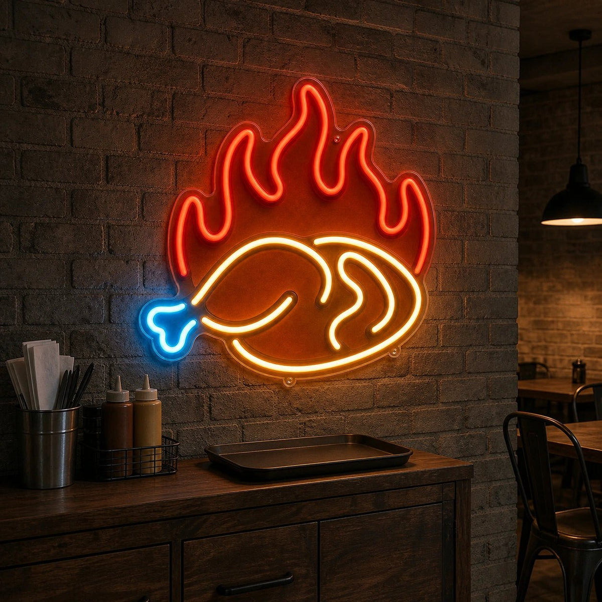 Fried Chicken Leg With Flames LED Neon Sign - Shineneon