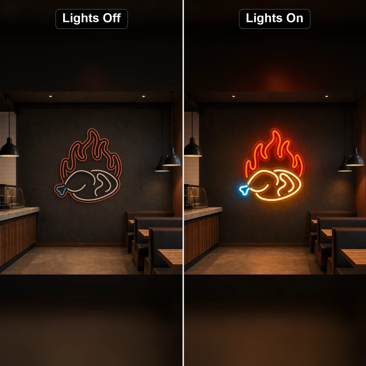 Fried Chicken Leg With Flames LED Neon Sign Home Bar Wall Decoration day and night comparison