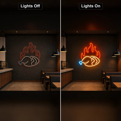 Fried Chicken Leg With Flames LED Neon Sign Home Bar Wall Decoration day and night comparison