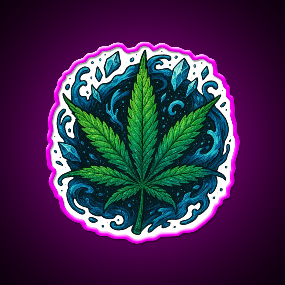 Frozen Flow In An Ice Water Rush Hemp Inspired Green Leaf Led Neon Sign Rgb Color - Neon sign mounted on wall in room