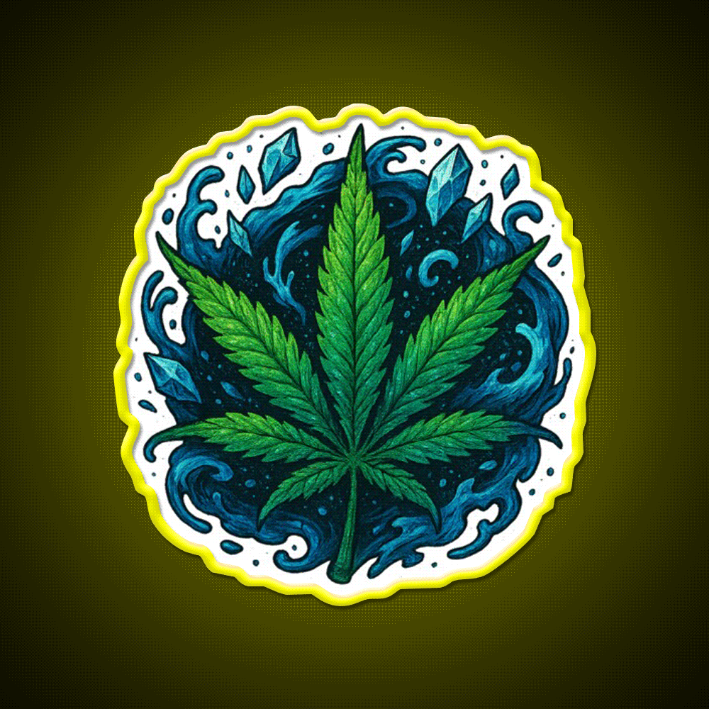 Frozen Flow In An Ice Water Rush Hemp Inspired Green Leaf Led Neon Sign Rgb Color - Custom LED neon sign front view
