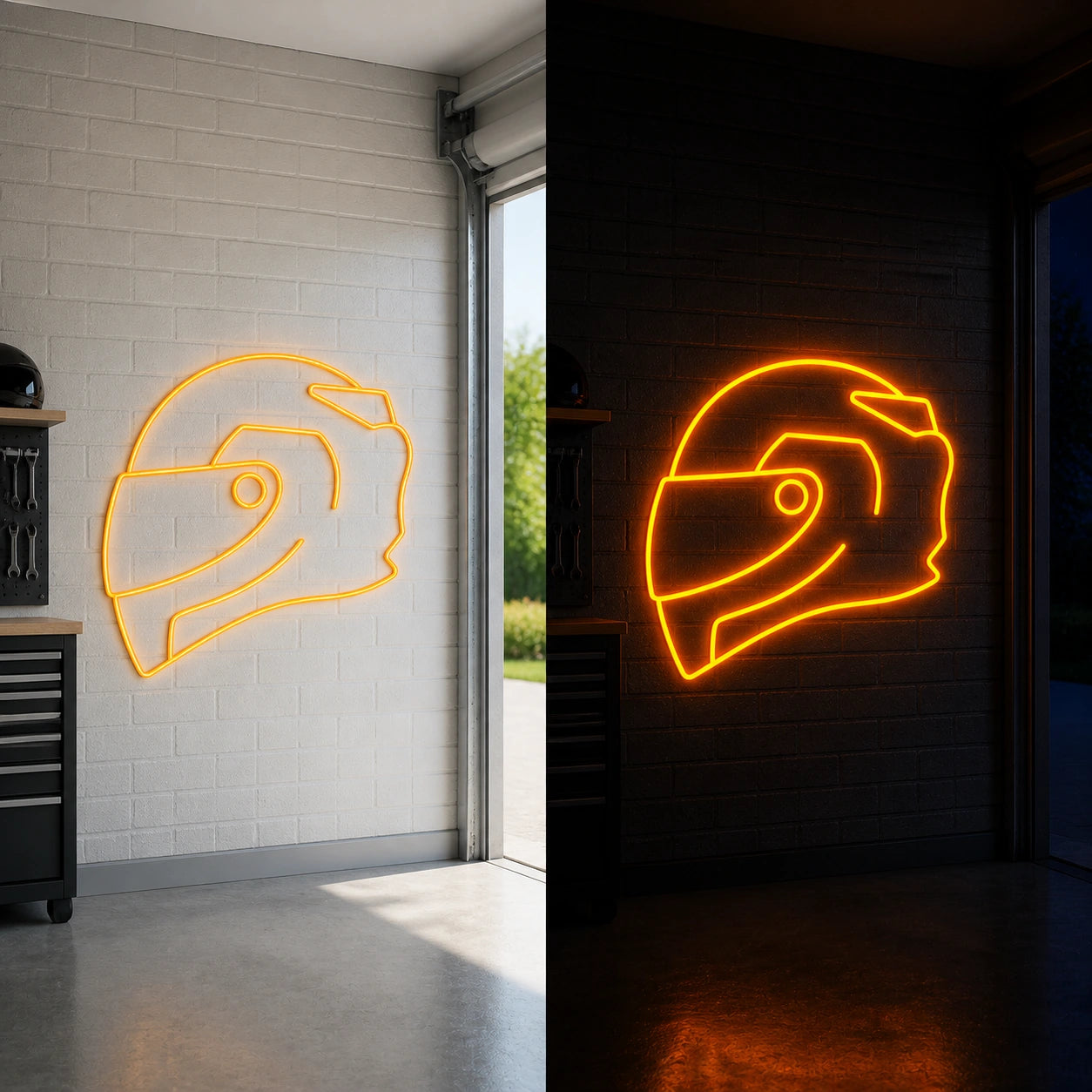 Full Face Racing Helmet Vintage LED Neon Sign day and night comparison