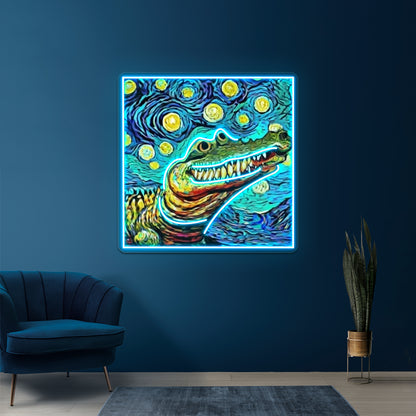 Funny Alligator In Van Gogh Style Art Wall Artwork Neon Signs