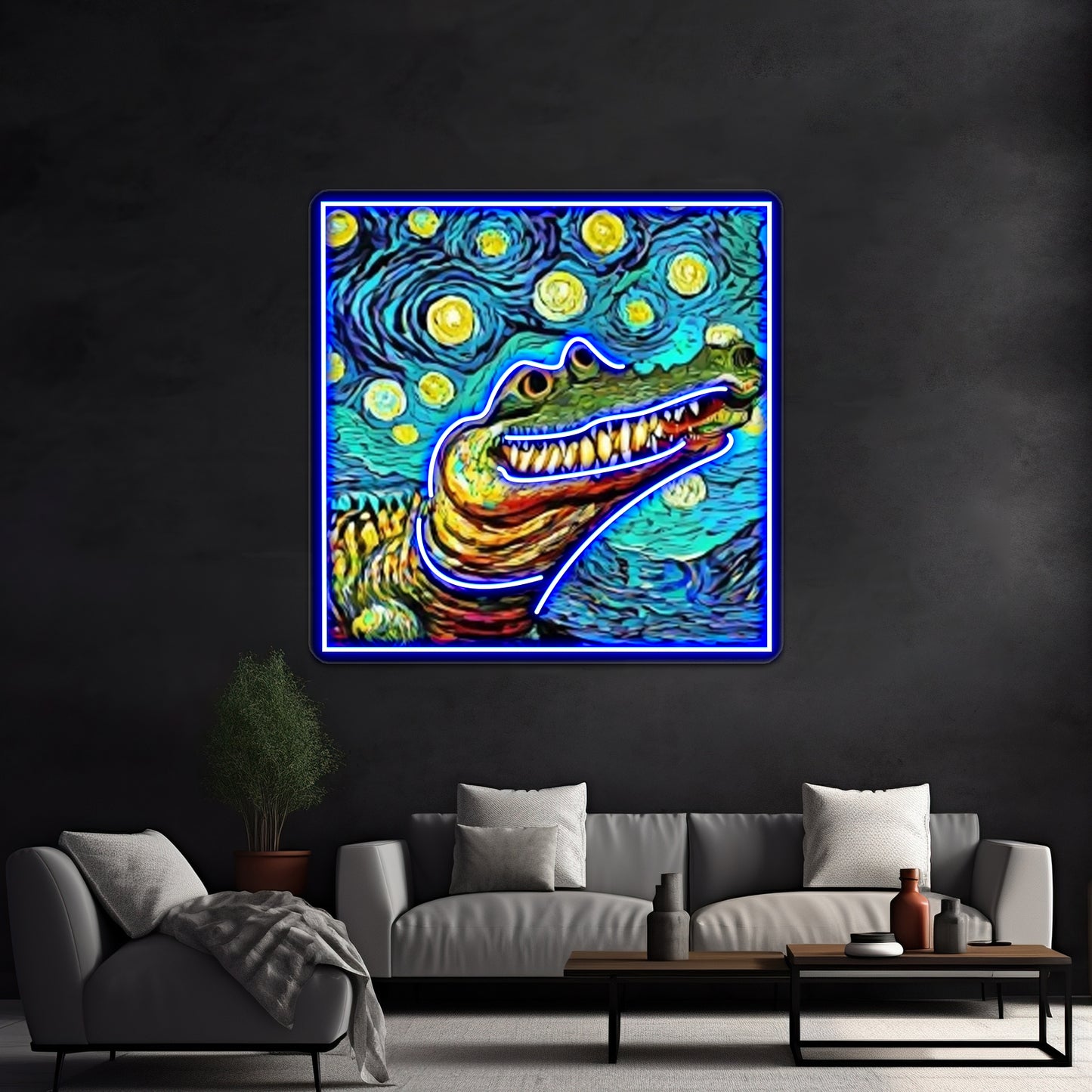 Funny Alligator In Van Gogh Style Art Wall Artwork Neon Signs