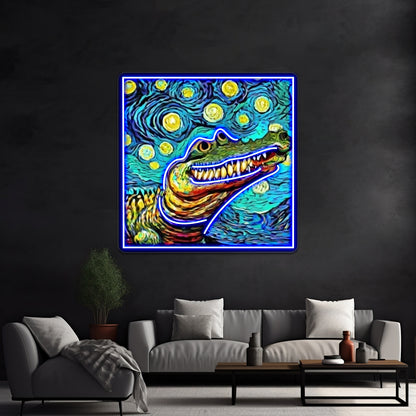 Funny Alligator In Van Gogh Style Art Wall Artwork Neon Signs