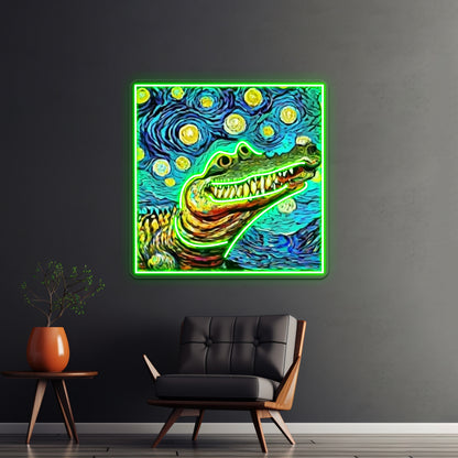 Funny Alligator In Van Gogh Style Art Wall Artwork Neon Signs