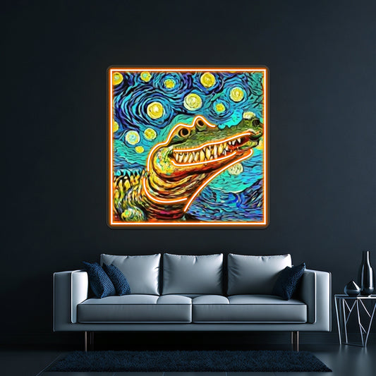 Funny Alligator In Van Gogh Style Art Wall Artwork Neon Signs