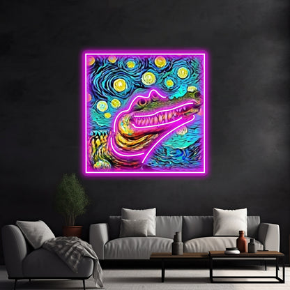 Funny Alligator In Van Gogh Style Art Wall Artwork Neon Signs