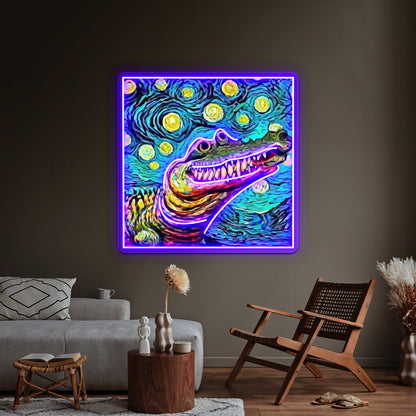 Funny Alligator In Van Gogh Style Art Wall Artwork Neon Signs