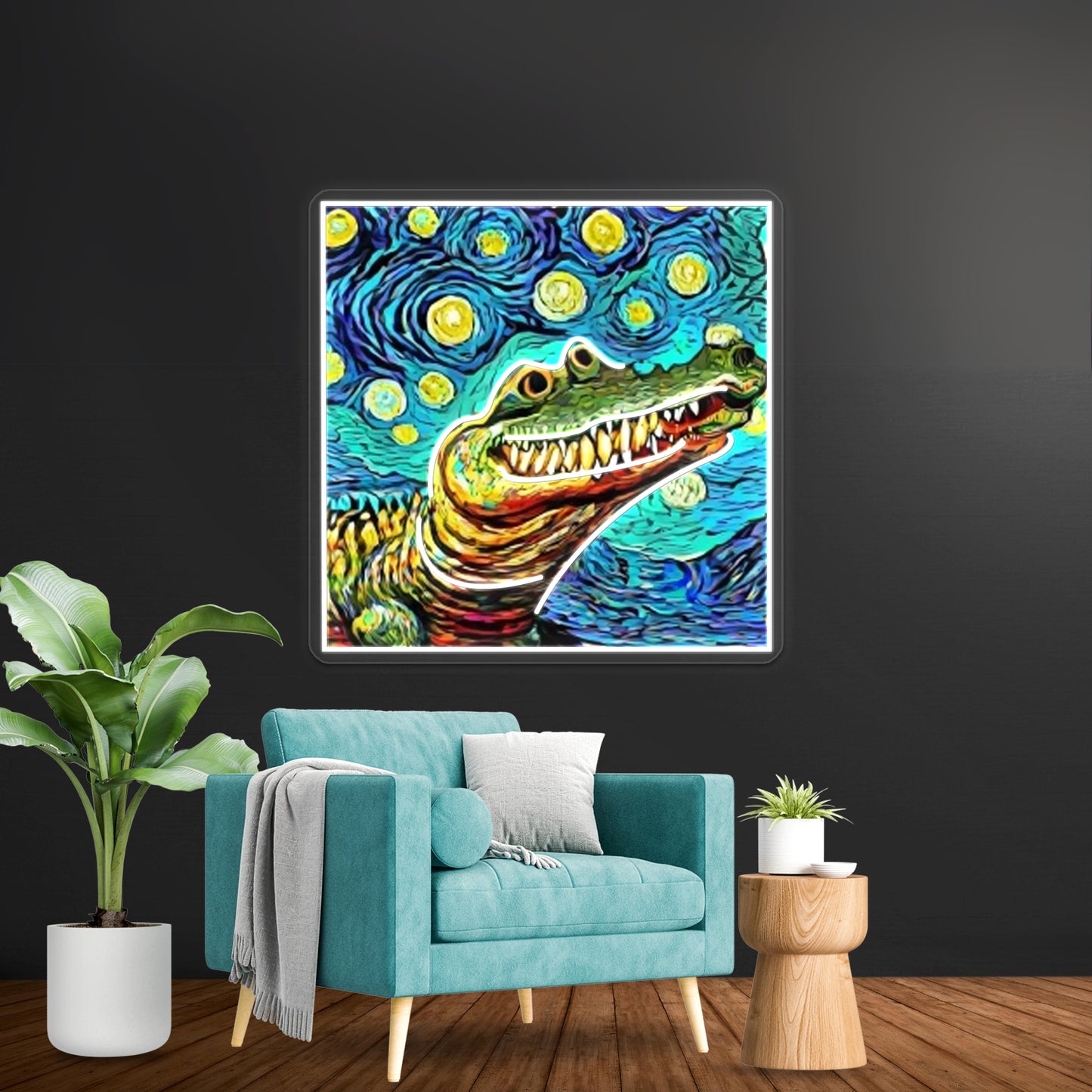 Funny Alligator In Van Gogh Style Art Wall Artwork Neon Signs