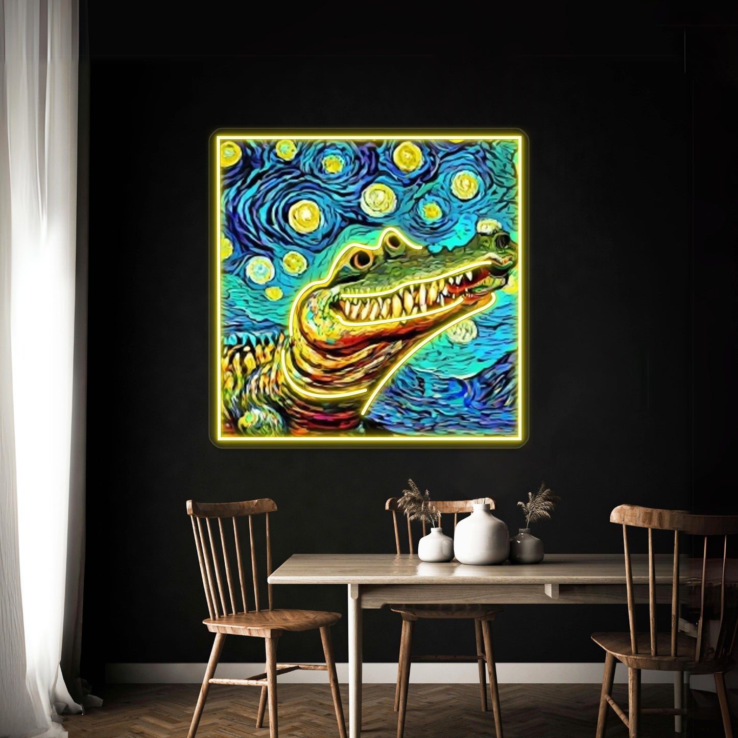 Funny Alligator In Van Gogh Style Art Wall Artwork Neon Signs