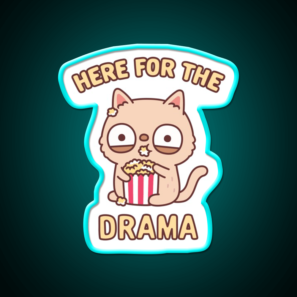 Funny Cat Eating Popcorn Here For The Drama Snack Food Led Neon Sign Rgb Color - Shineneon