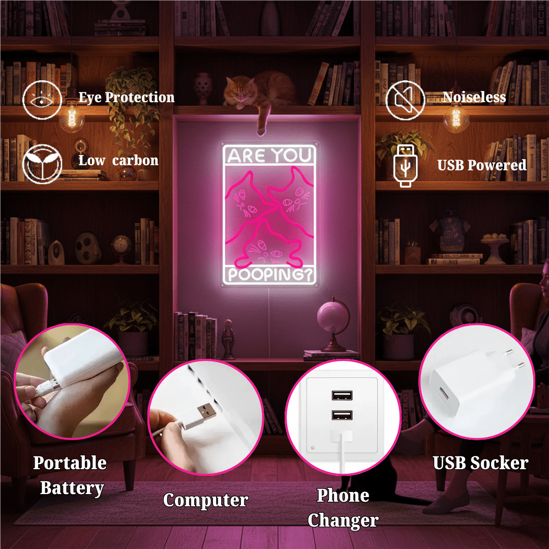 Funny Curious Kitty Cats “Are You Pooping?” LED Neon Sign for bathroom and Gift Wall Decor - Shineneon