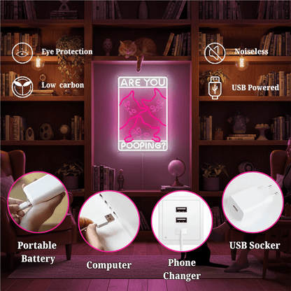 Funny Curious Kitty Cats “Are You Pooping?” LED Neon Sign for bathroom and Gift Wall Decor - Shineneon