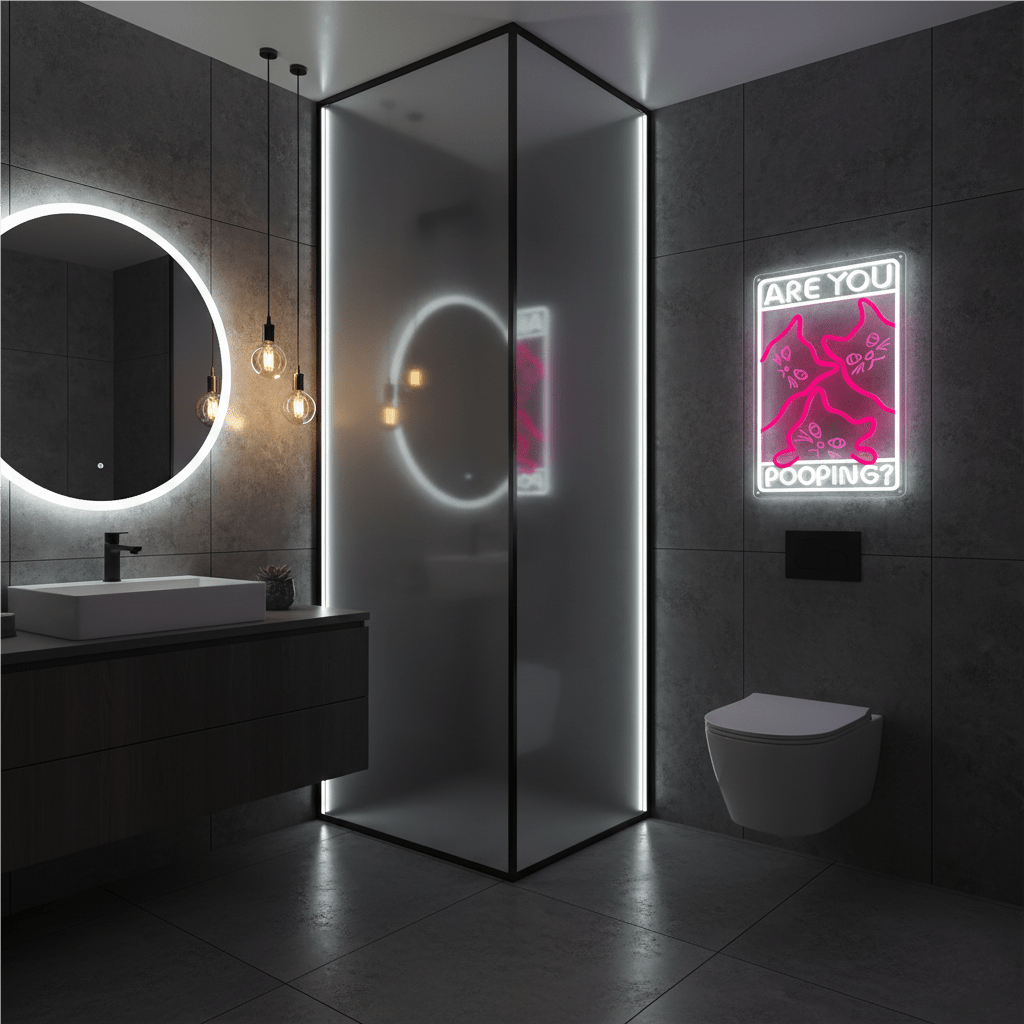 Funny Curious Kitty Cats “Are You Pooping?” LED Neon Sign for bathroom and Gift Wall Decor - Shineneon