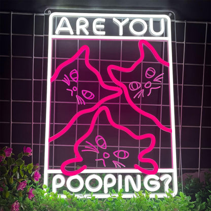 Funny Curious Kitty Cats “Are You Pooping?” LED Neon Sign for bathroom and Gift Wall Decor - Shineneon