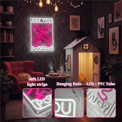 Funny Curious Kitty Cats “Are You Pooping?” LED Neon Sign for bathroom and Gift Wall Decor - Shineneon