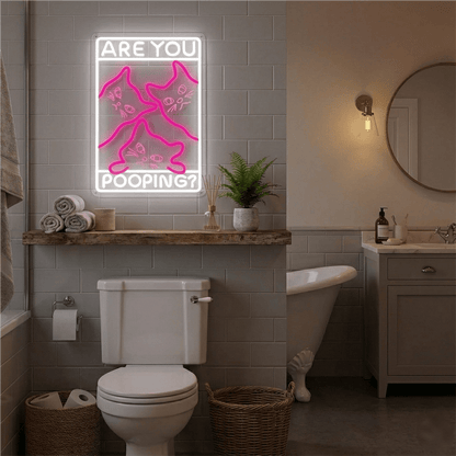 Funny Curious Kitty Cats “Are You Pooping?” LED Neon Sign for bathroom and Gift Wall Decor - Shineneon