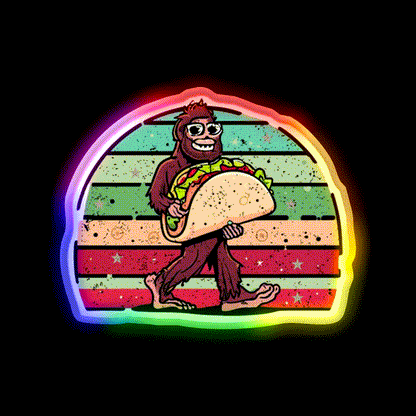 Funny Retro Vintage Bigfoot Holding Taco Lover Taco Led Neon Sign Rgb Color - LED neon sign close-up detail