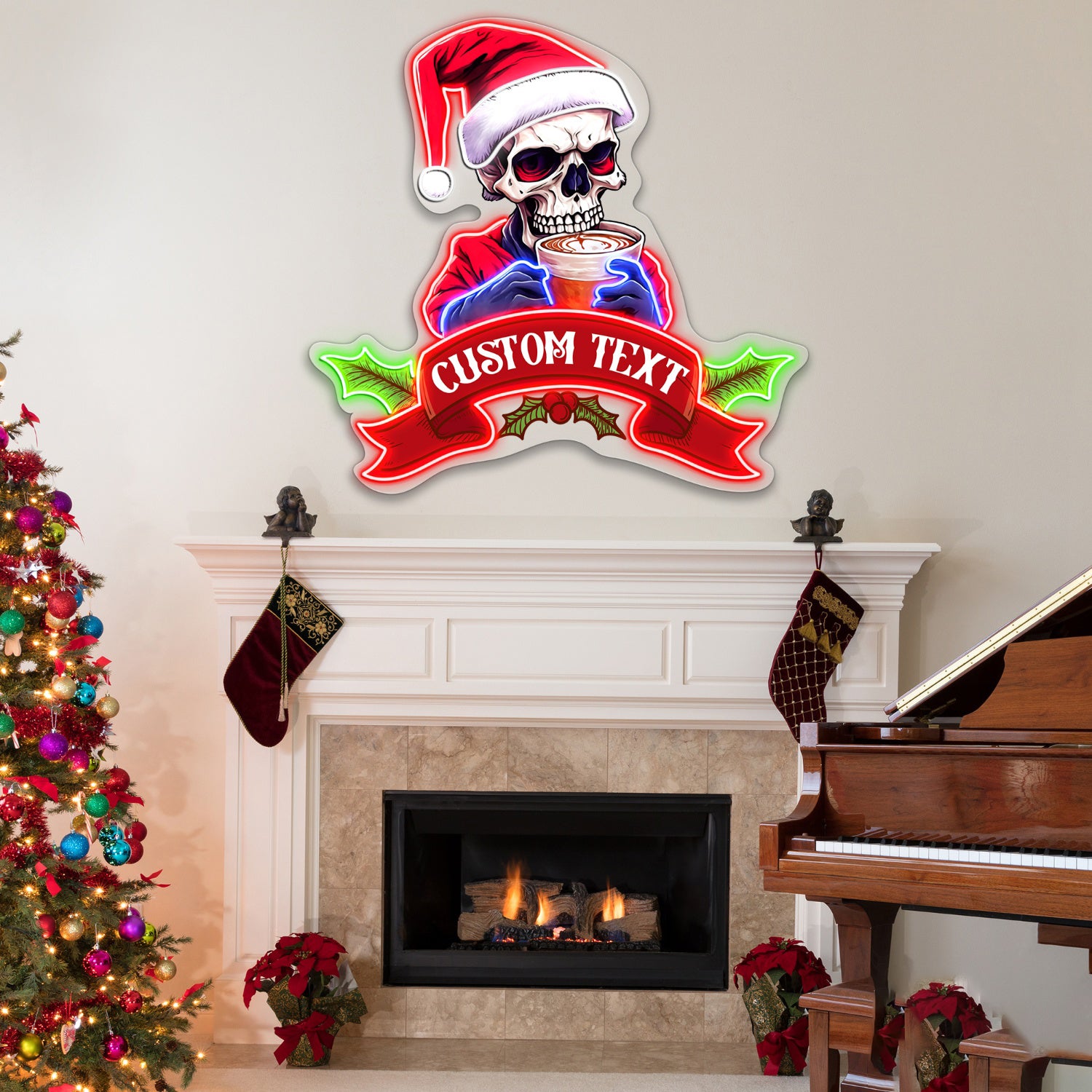Funny Santa Claus Skeleton with Coffee Acrylic Led Neon Sign | Shineneon