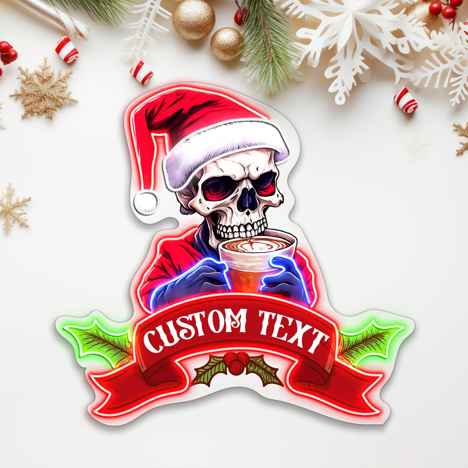 Funny Santa Claus Skeleton with Coffee Acrylic Led Neon Sign | Shineneon