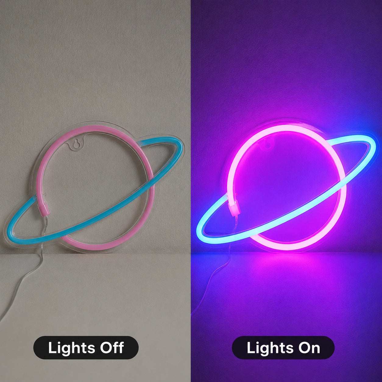 Galaxy Saturn Neon Sign LED Neon Sign day and night comparison
