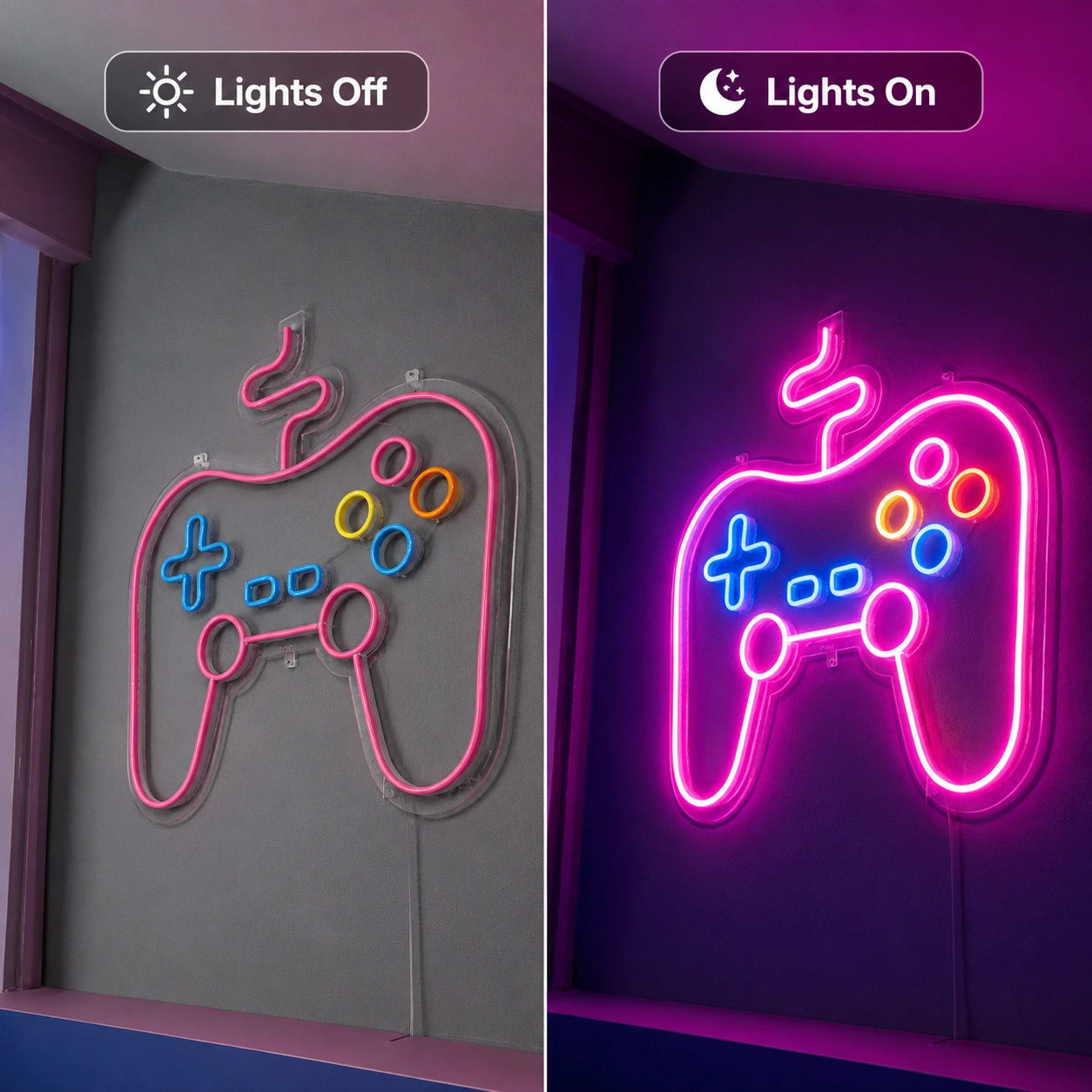 Game Controller Neon Sign Wall Art LED Neon Sign day and night comparison