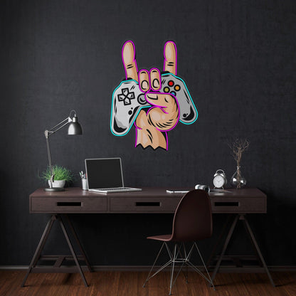 Game Hands Rock Controller Uv Printed Led Neon Sign For Gaming Room Decor | Shineneon