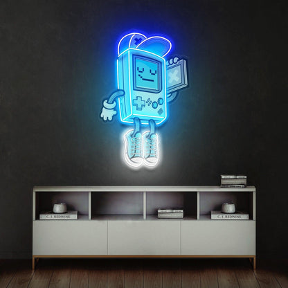Gameboy Pixel Art Blue-White Uv Printed Led Neon Sign For Retro Gaming Room Decor | Shineneon