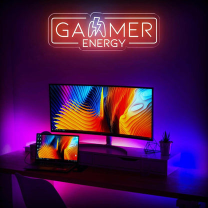 Gamer Energy Lightning Led Neon Sign Warm Orange White Gaming Room Decor | Shineneon