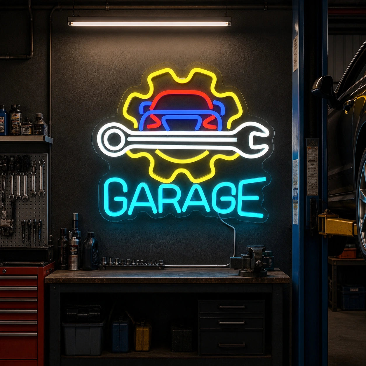 Garage Car Gear Wrench Vintage LED Neon Sign real lifestyle scene