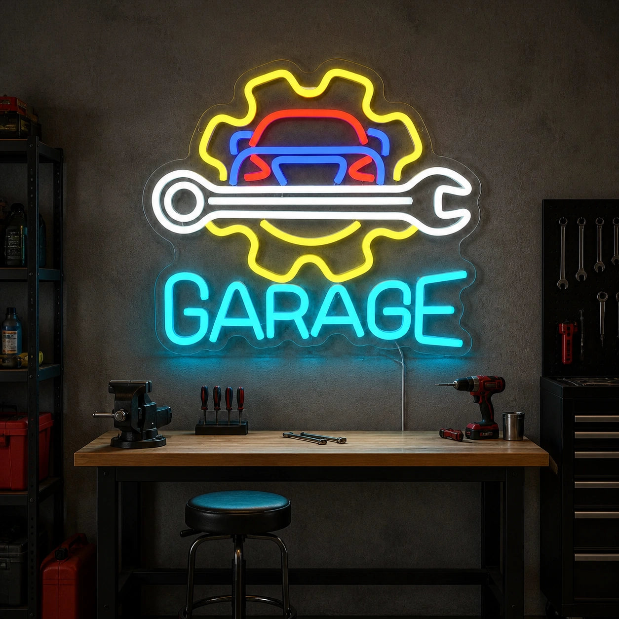 Garage Car Gear Wrench Vintage LED Neon Sign size image