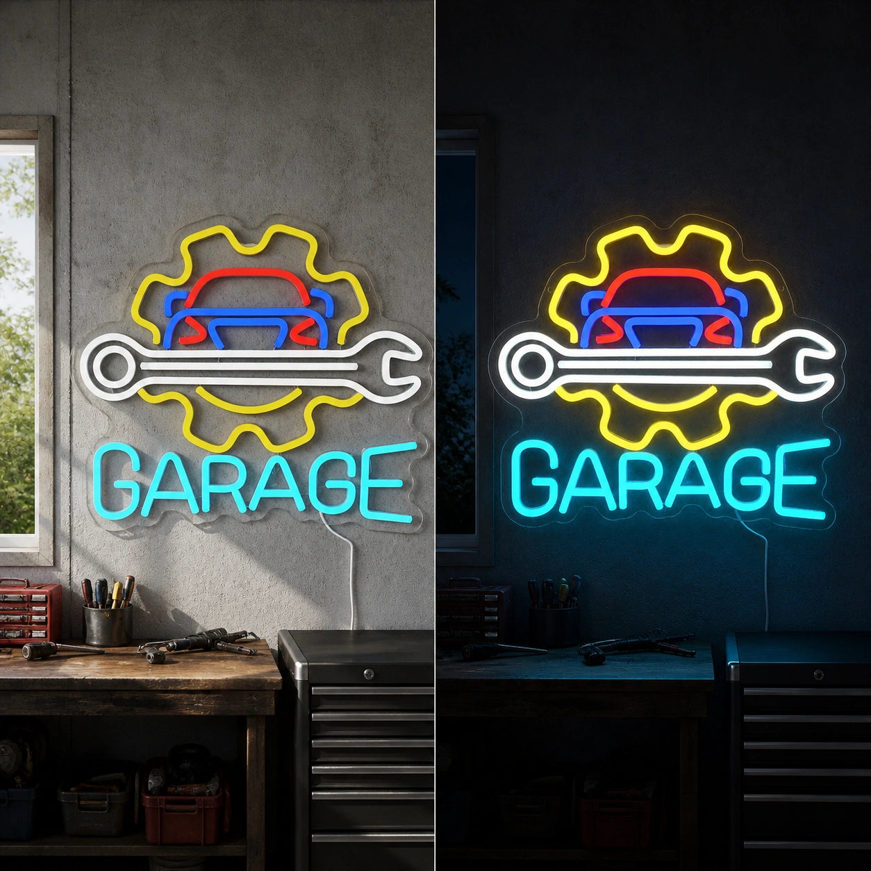 Garage Car Gear Wrench Vintage LED Neon Sign day and night comparison