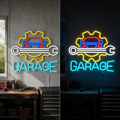 Garage Car Gear Wrench Vintage LED Neon Sign day and night comparison