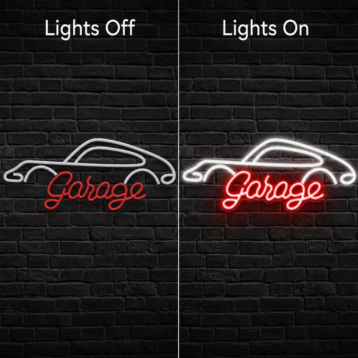 Garage Car Outline LED Neon Sign day and night comparison
