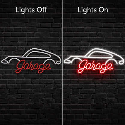 Garage Car Outline LED Neon Sign day and night comparison