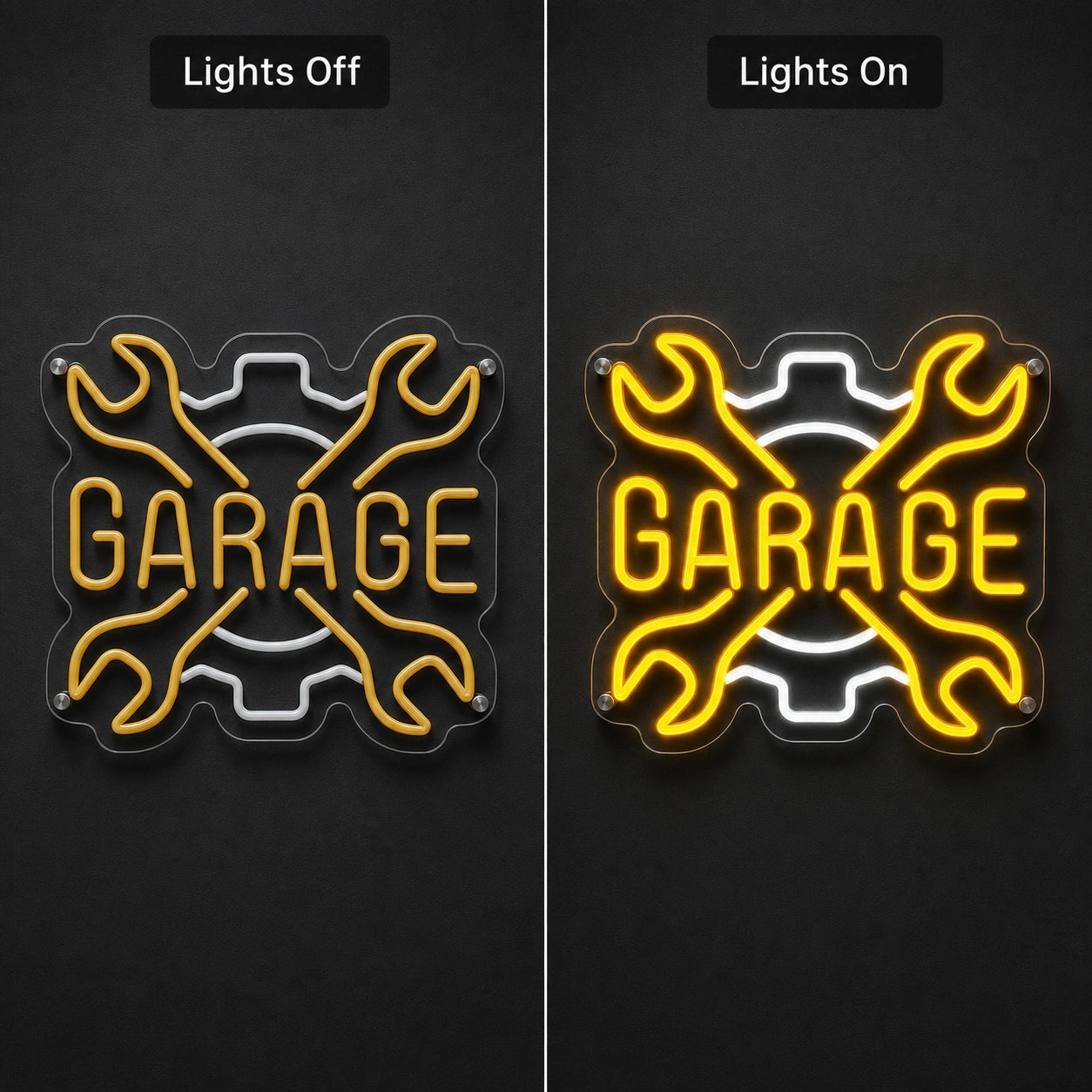 Garage Crossed Wrenches And Gear LED Neon Sign day and night comparison