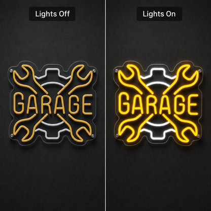Garage Crossed Wrenches And Gear LED Neon Sign day and night comparison