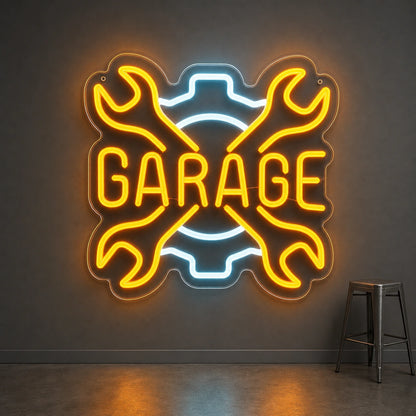 Garage Crossed Wrenches And Gear LED Neon Sign Garage Neon Sign size image