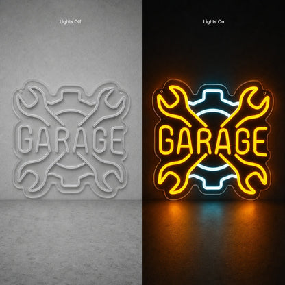 Garage Crossed Wrenches And Gear LED Neon Sign Garage Neon Sign day and night comparison