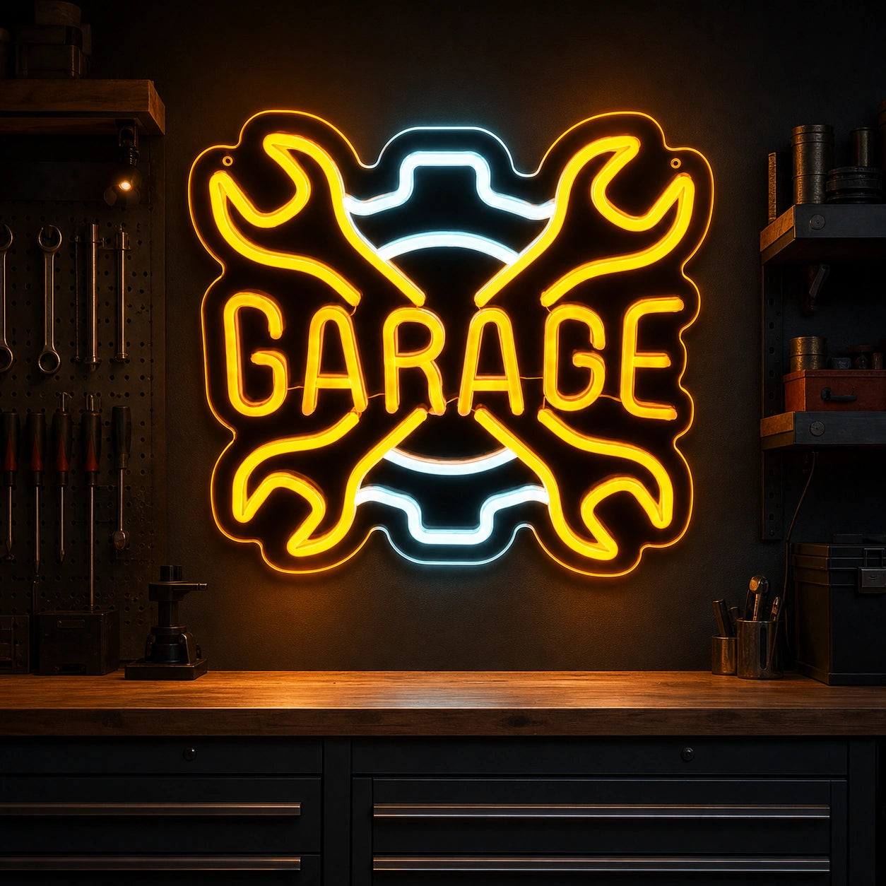 Garage Crossed Wrenches And Gear LED Neon Sign Home Bar Wall Decoration real lifestyle scene