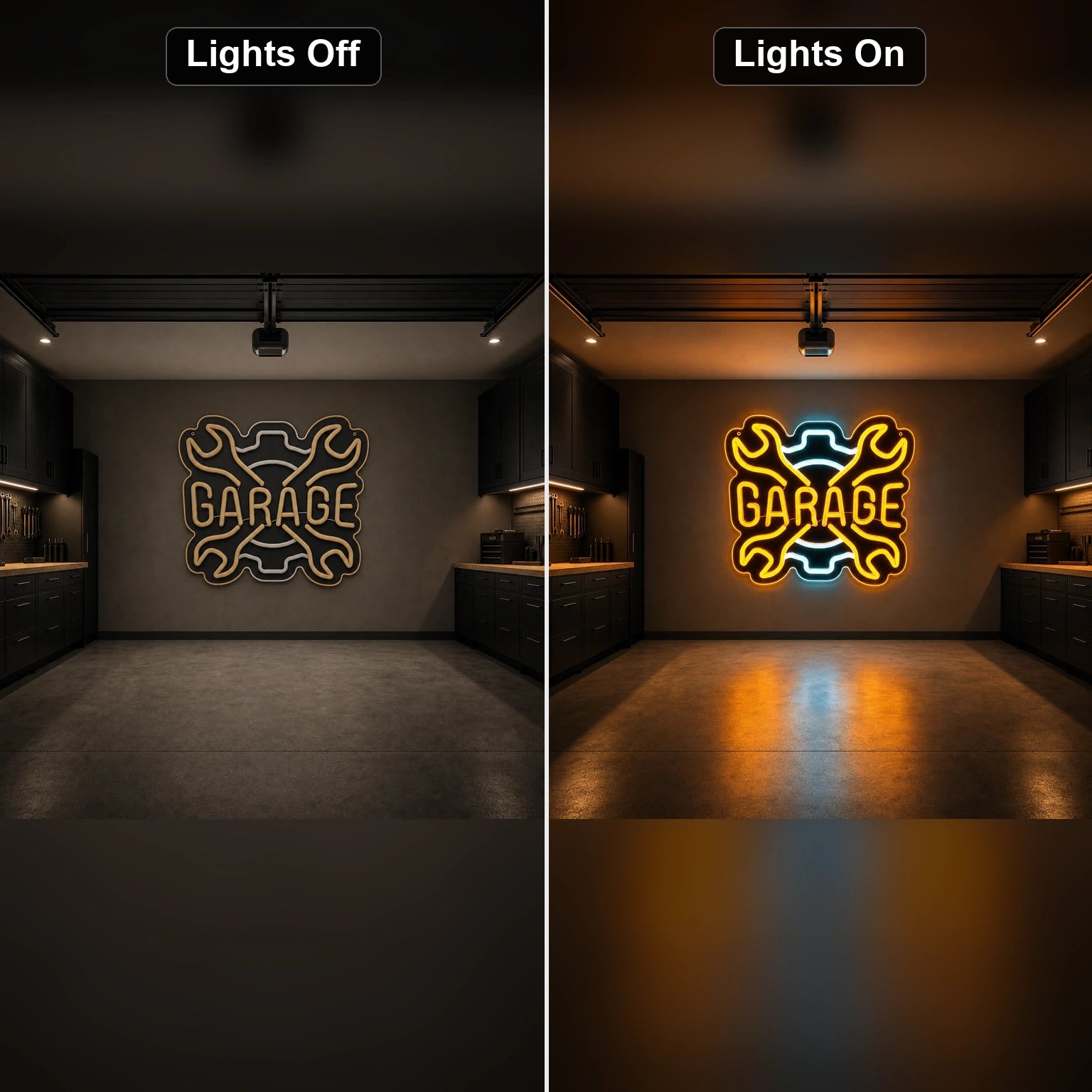 Garage Crossed Wrenches And Gear LED Neon Sign Home Bar Wall Decoration day and night comparison